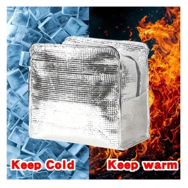 Lonchera térmica de tela plateada con asa, ideal para mantener fríos y calientes los alimentos.