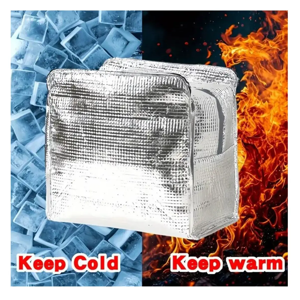 Lonchera térmica de tela plateada con asa, ideal para mantener fríos y calientes los alimentos.