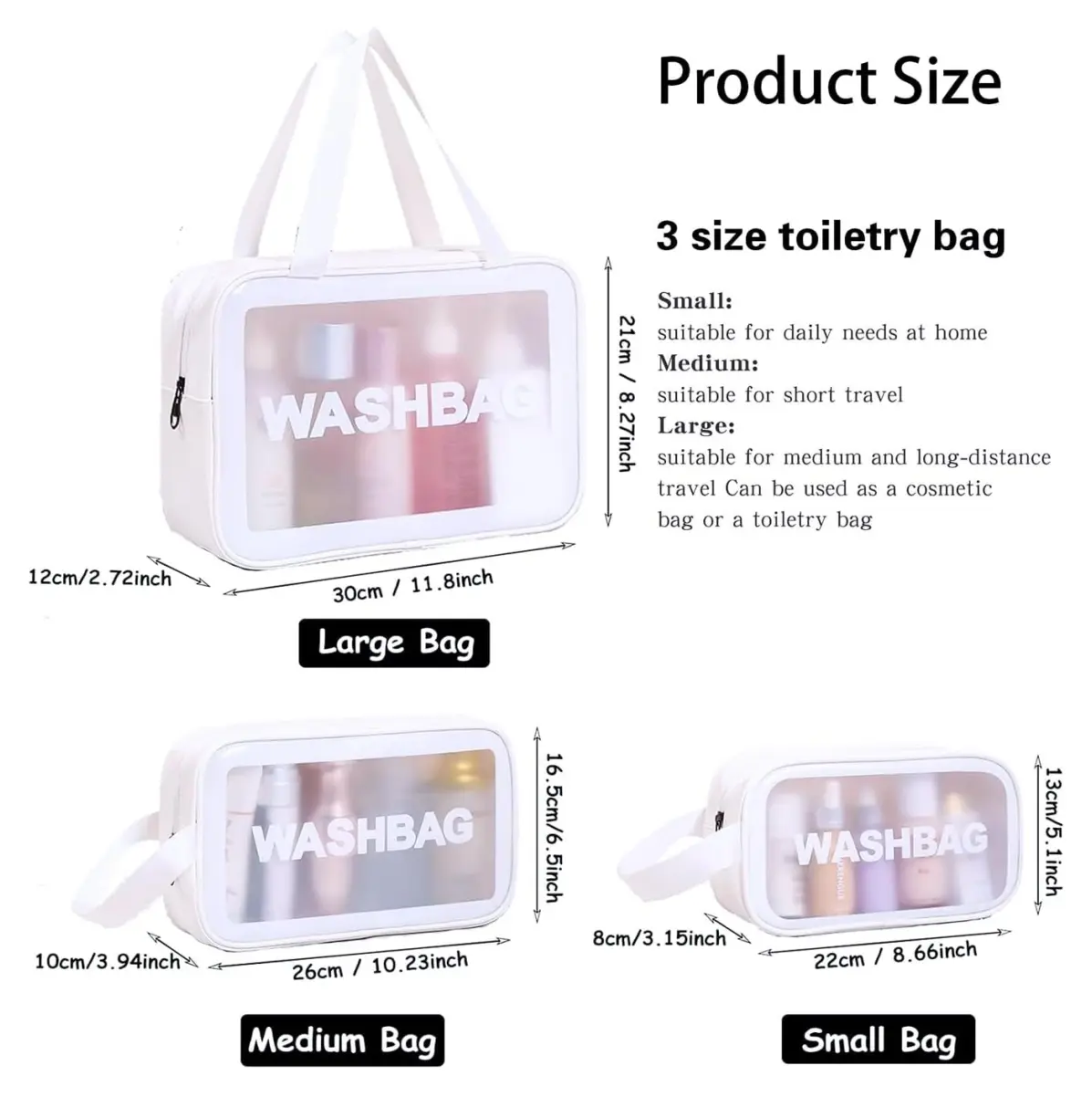 Cosmetiquera transparente "Washbag" de tres tamaños para viaje y uso diario.