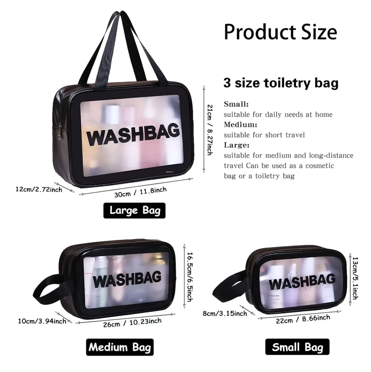 Cosmetiquera "Washbag" de viaje, set de tres tamaños: grande, mediano y pequeño.