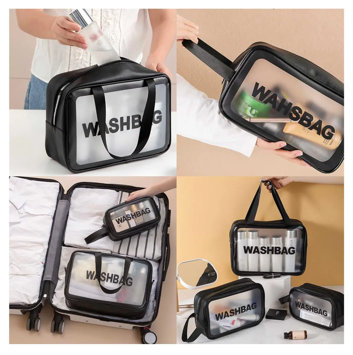 Cosmetiquera Set tres tamaños para viaje, organizada, transparente y negra para organizar tus productos.