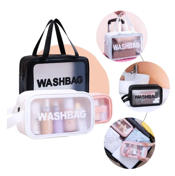Cosmetiquera para viaje en tres tamaños, ideal para organizar tus productos de belleza.