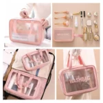 Cosmetiquera de viaje rosa transparente, set de tres tamaños para organizar tus productos.