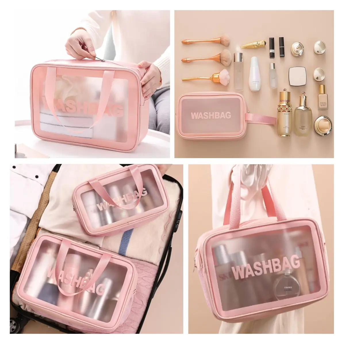 Cosmetiquera de viaje rosa transparente, set de tres tamaños para organizar tus productos.
