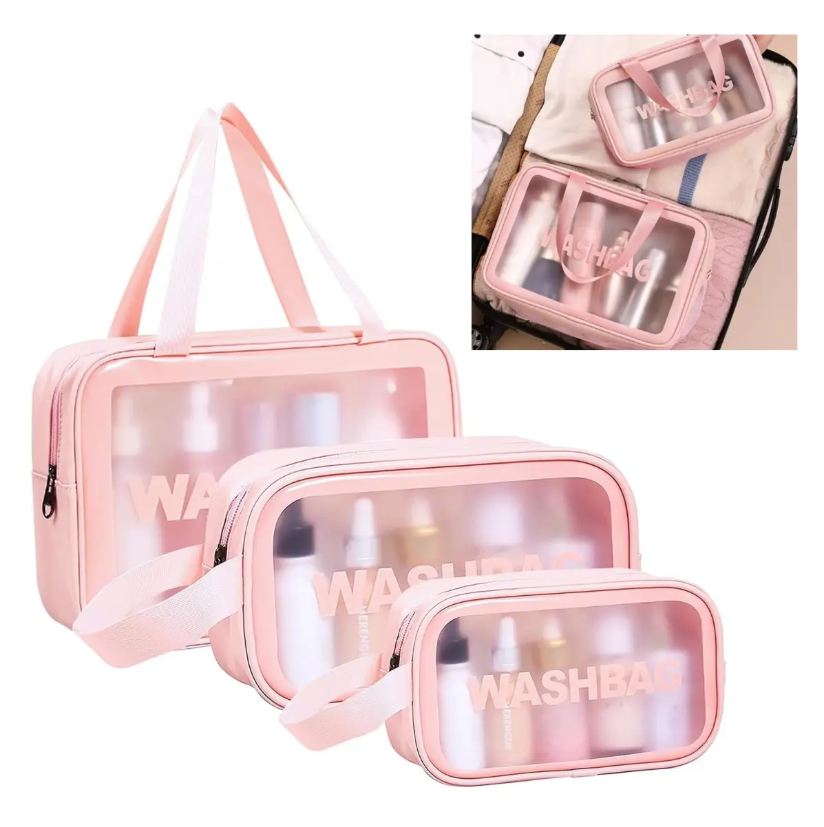Cosmetiquera rosa de viaje en set de tres tamaños, transparente con asas.