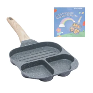 Sartén multi-funcional con forma de corazón, ideal para desayunos, con 3 compartimentos.