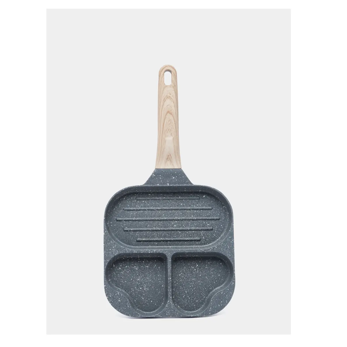 Sartén de dos secciones con forma de corazón y grill, mango de madera.