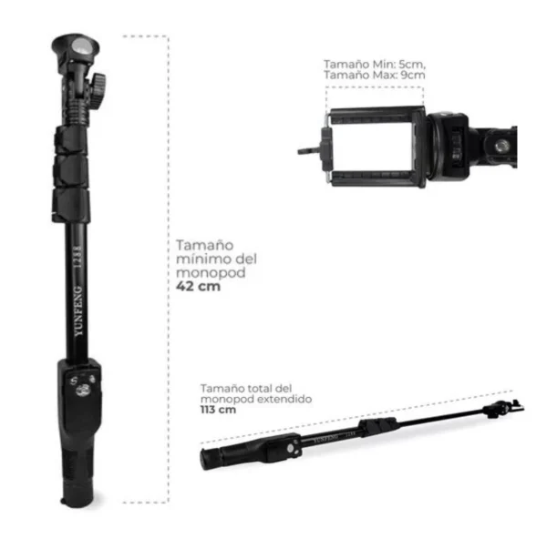 Monopod selfie YUNFENG 1288 para celular y cámara, tamaño mínimo 42cm, máximo 113cm.