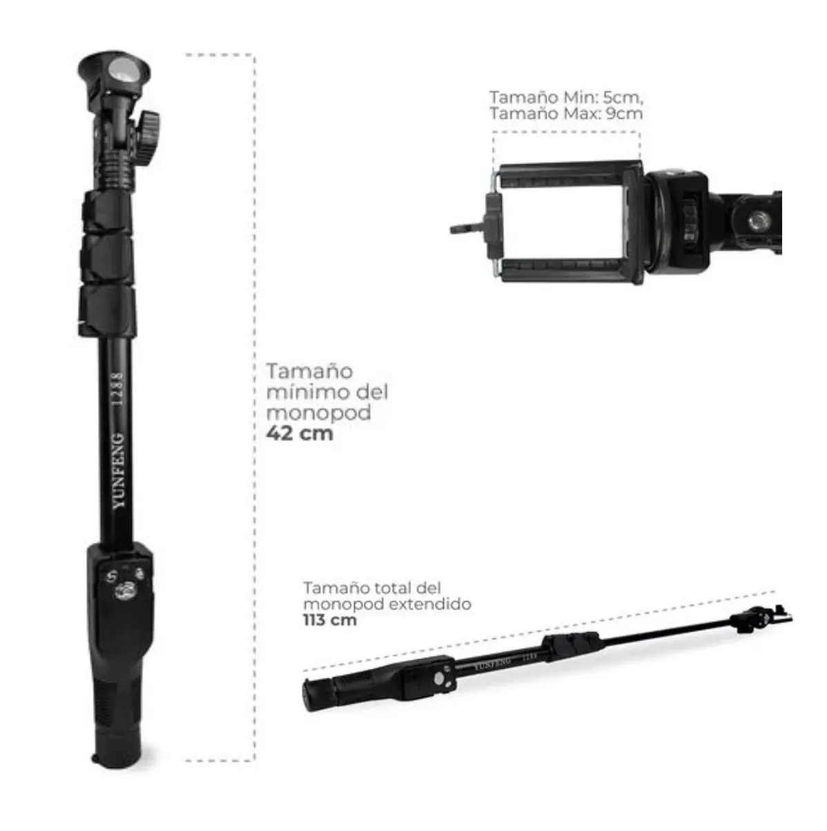 Monopod selfie YUNFENG 1288 para celular y cámara, tamaño mínimo 42cm, máximo 113cm.