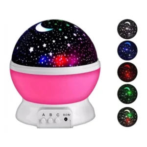 Lámpara proyector de luna y estrellas giratoria con luz multicolor, ideal para habitaciones infantiles.