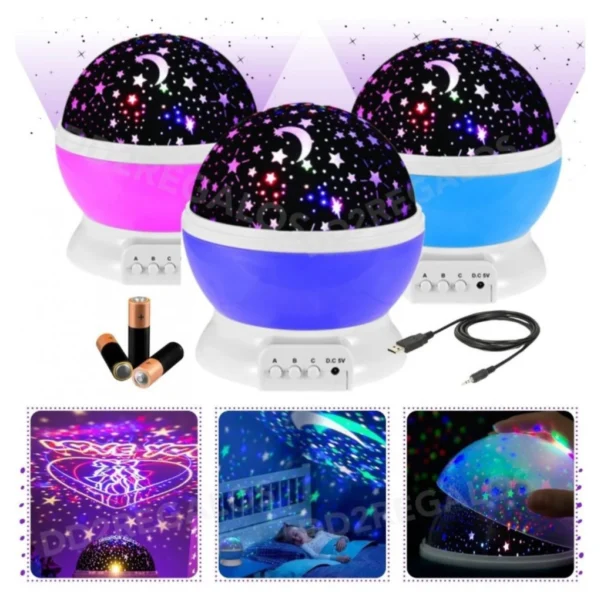 Lámpara proyector de luna y estrellas giratoria, ideal para habitación infantil, ofrece luz de noche mágica.