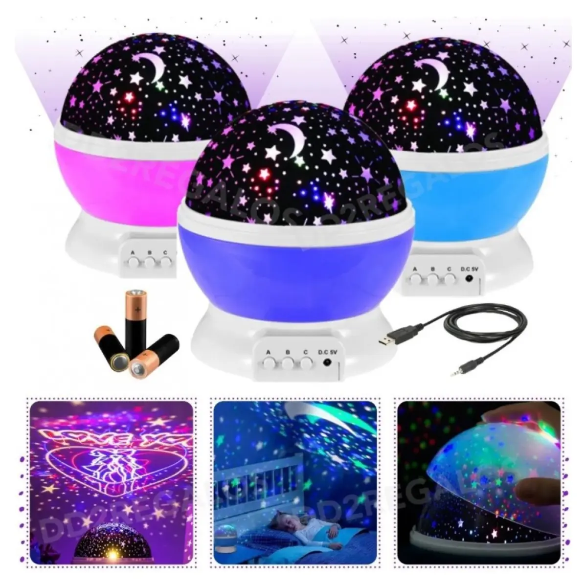 Lámpara proyector de luna y estrellas giratoria, ideal para habitación infantil, ofrece luz de noche mágica.