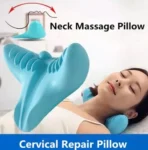 Almohada masajeadora cervical azul en forma de V para alivio y reparación del cuello.