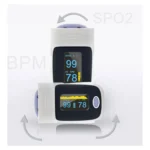 Oximetro de pulso para adultos con pantalla digital que muestra SPO2 y BPM en un diseño ergonómico.