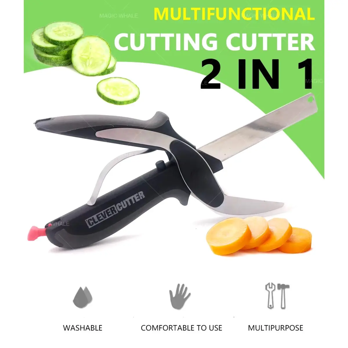 Cortador de vegetales 2 en 1 multifuncional, tipo tijera para cortar rápido y fácil.