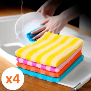 Paño de microfibra a rayas amarillas, rosadas, naranjas y azules.