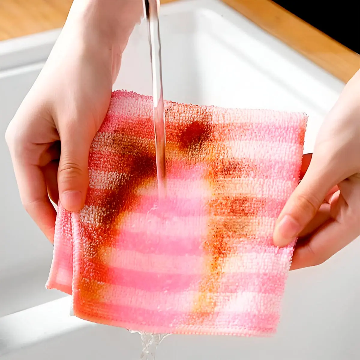 Paño de microfibra rosa rayado bajo chorro de agua, ideal para limpieza.