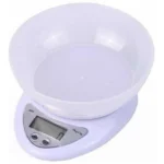 Gramera digital blanca con recipiente para pesar ingredientes, 5kg x 1g.