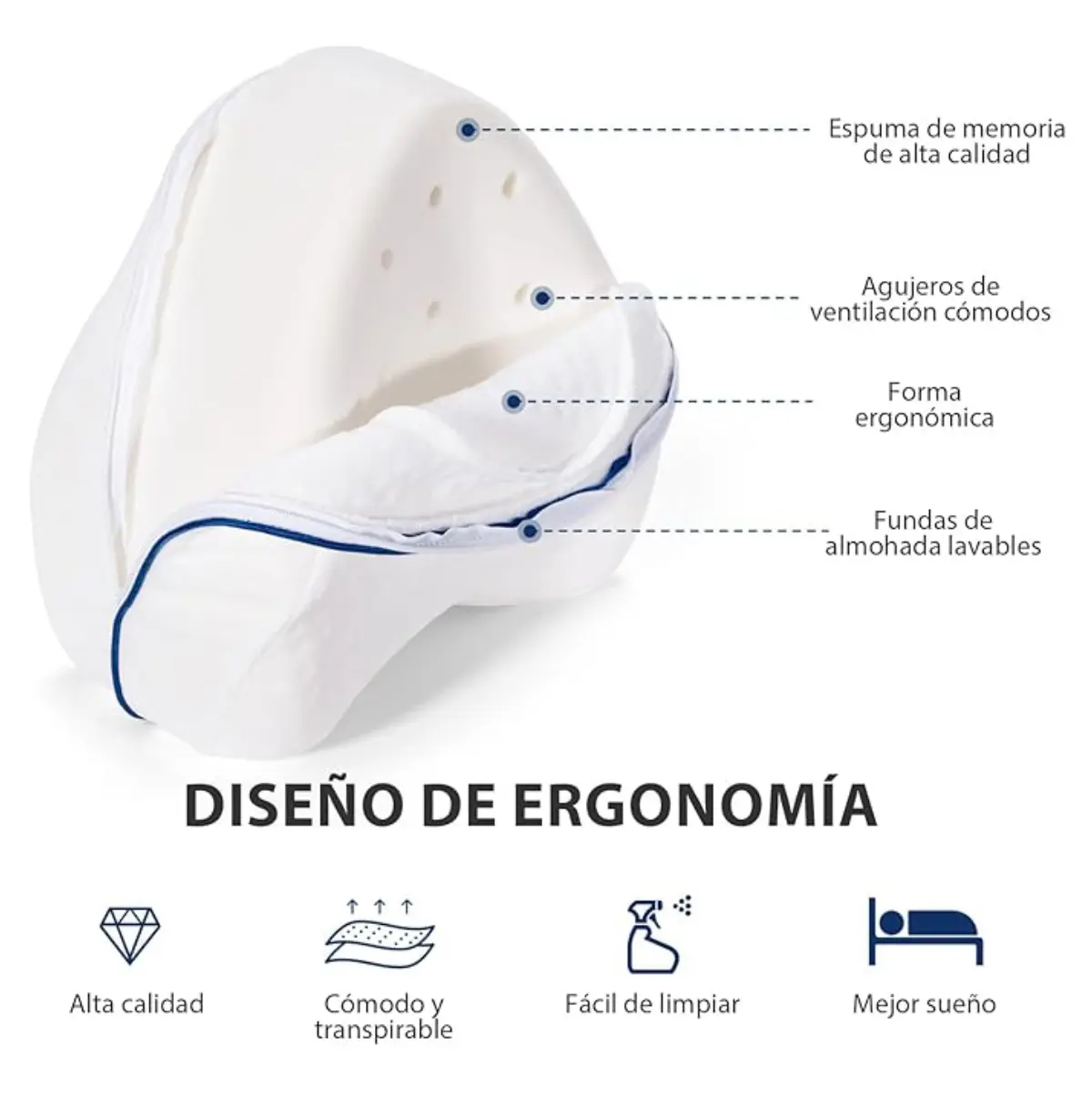Almohada cojín ergonómica para piernas, espuma viscoelástica de alta calidad, transpirable y lavable.