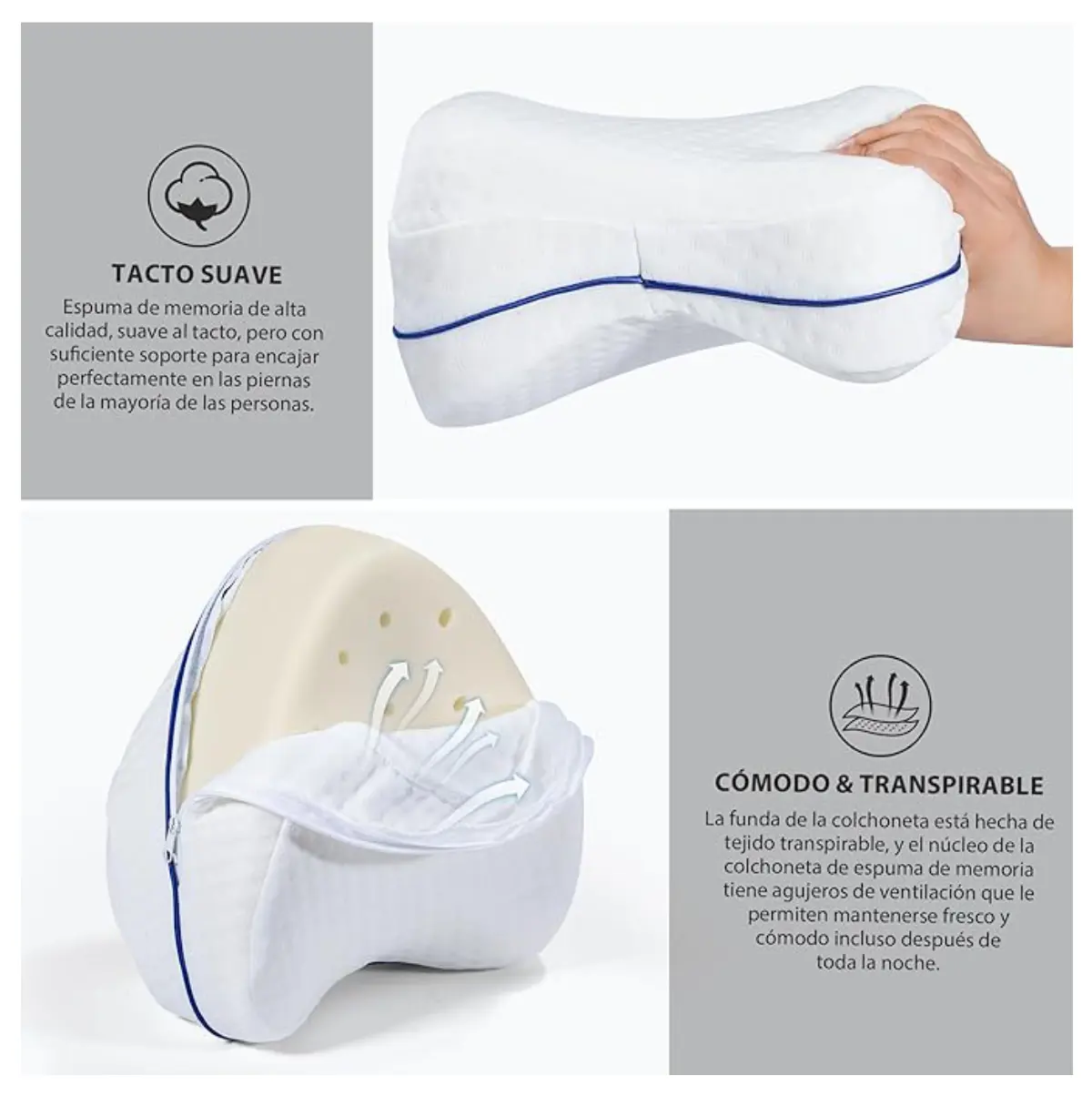 Almohada cojín para entrepiernas, espuma viscoelástica, soporte y transpirabilidad.