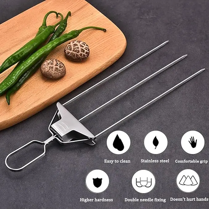 Tenedor BBQ de acero inoxidable para asar, con picos para parrilla y verduras, fácil de limpiar.