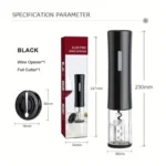 Sacacorchos eléctrico recargable USB negro con cortador de papel y medidas de producto.