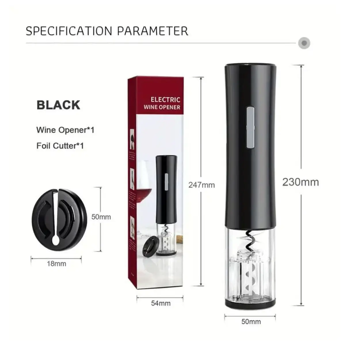 Sacacorchos eléctrico recargable USB negro con cortador de papel y medidas de producto.