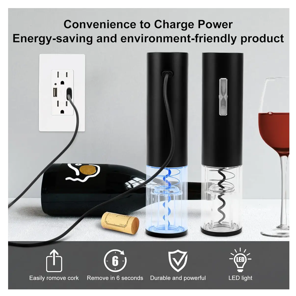 Sacacorchos recargable USB extrae corchos de vino fácilmente y rápido, con luz LED.