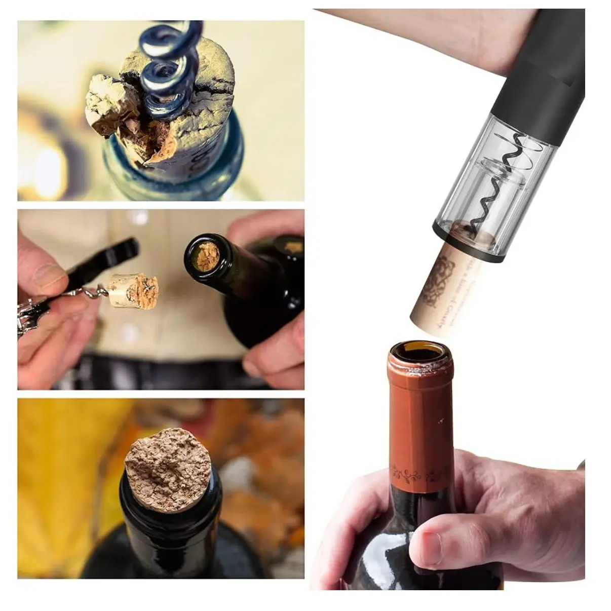 Sacacorchos eléctrico USB para vino abriendo botella.