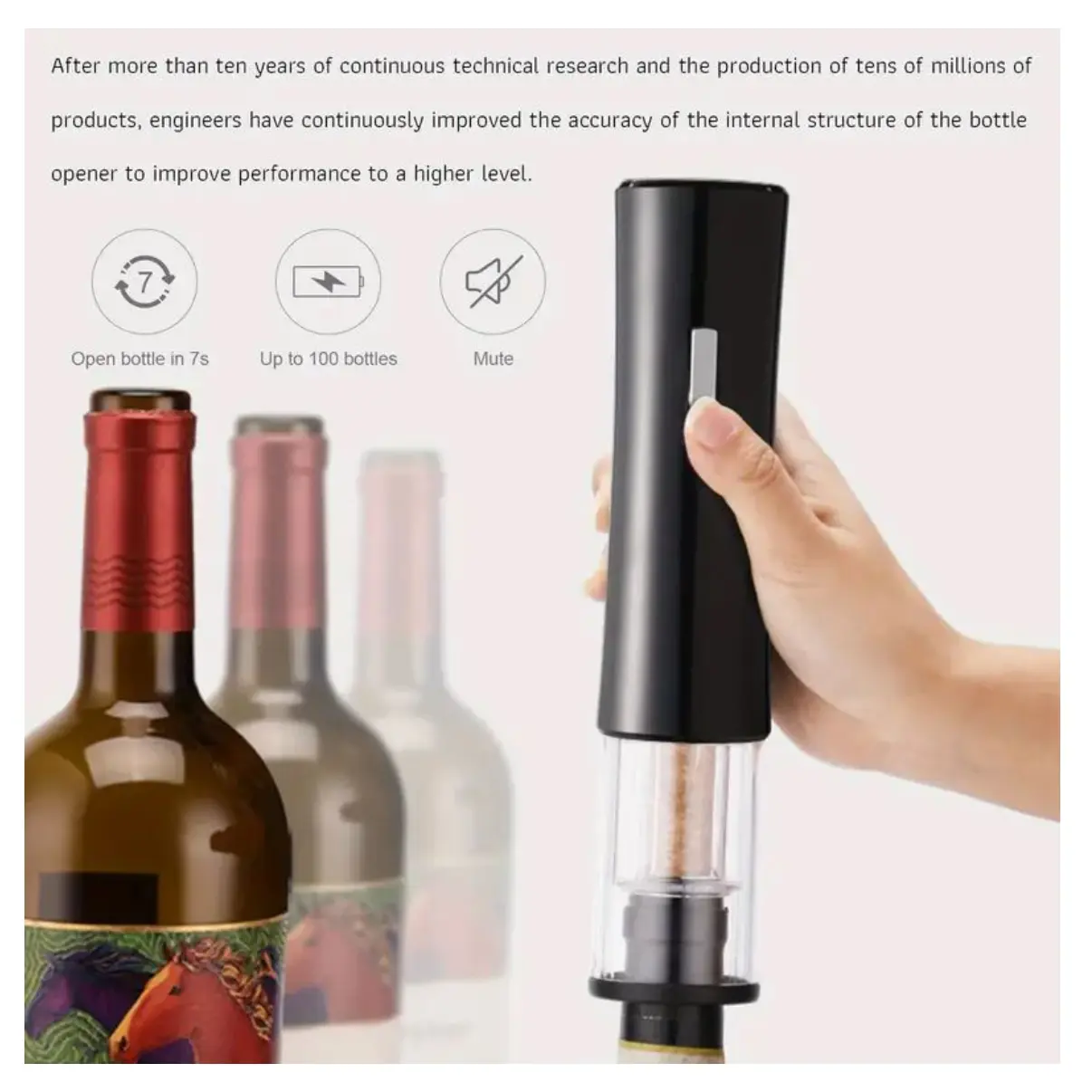 Sacacorchos eléctrico para vino: abre botellas en 7s, hasta 100 con una carga.