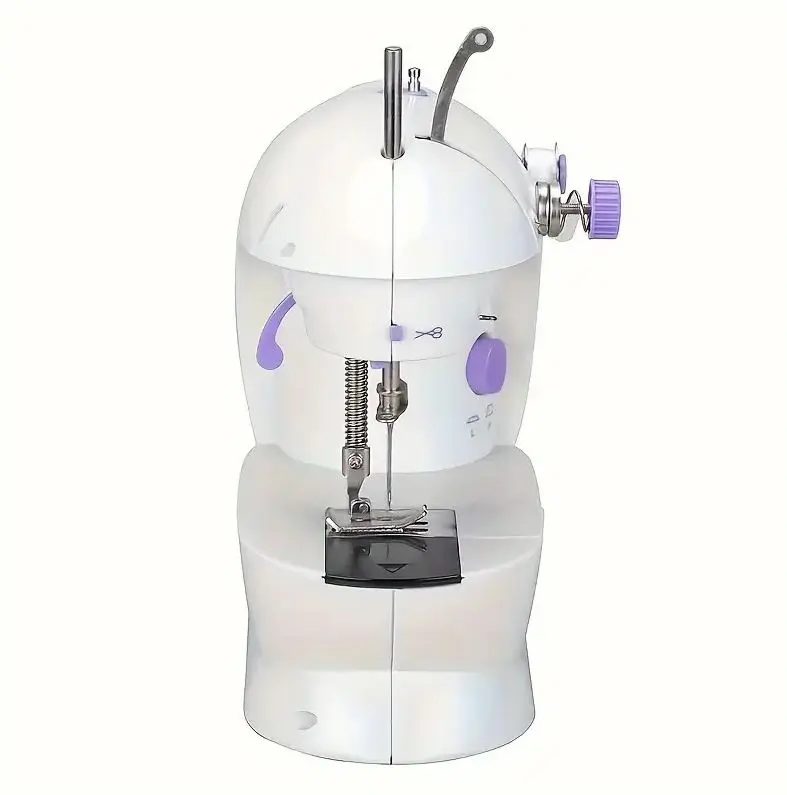 Máquina de coser Sewing Machine 4En1 blanca con detalles morados, vista frontal.
