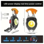 Linterna multifuncional con pantalla de potencia LED y encendedor, diseño compacto con mosquetón.