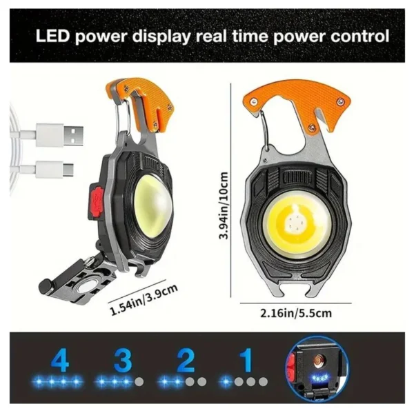 Linterna multifuncional con pantalla de potencia LED y encendedor, diseño compacto con mosquetón.