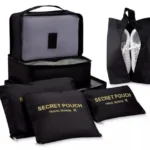 Set de 14 bolsas viajeras negras con compartimentos y estuche para zapatos.