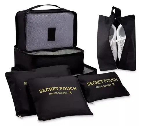 Set de 14 bolsas viajeras negras con compartimentos y estuche para zapatos.