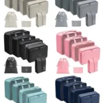 Set de 14 bolsas organizadoras de viaje en varios colores y tamaños para empacar maletas.
