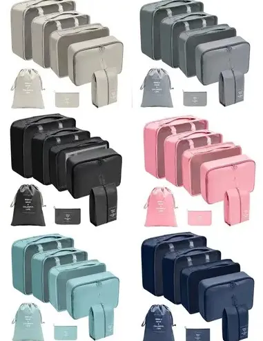 Set de 14 bolsas organizadoras de viaje en varios colores y tamaños para empacar maletas.