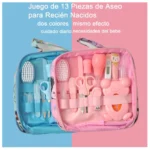 Kit de aseo para bebé de 13 piezas en estuche rosa y azul, con cepillo, peine, tijeras y termómetro.
