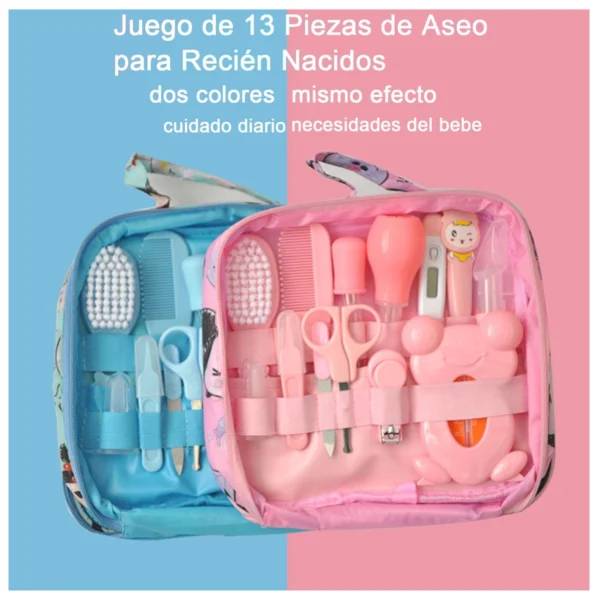 Kit de aseo para bebé de 13 piezas en estuche rosa y azul, con cepillo, peine, tijeras y termómetro.