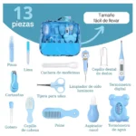 Kit aseo bebé 13 piezas: cortaúñas, cepillo, peine, termómetros y más en estuche.