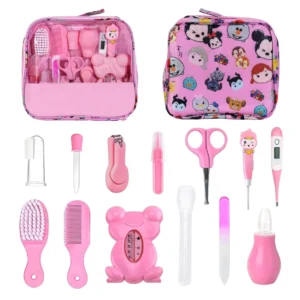 Kit aseo bebé 13 piezas con estuche: peine, cepillo, tijeras, termómetro y más.