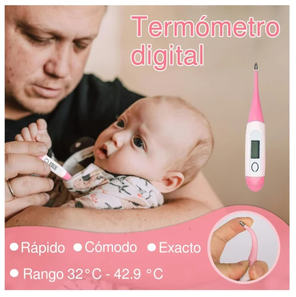 Termómetro digital para bebé, rápido, cómodo y exacto, rango 32°C - 42.9°C.