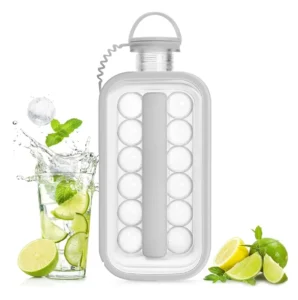 Botella hielera con molde para 16 hielos circulares, ideal para bebidas frías.