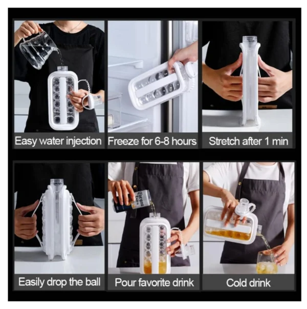 Botella hielera que hace hielos circulares perfectos, ideal para enfriar bebidas.