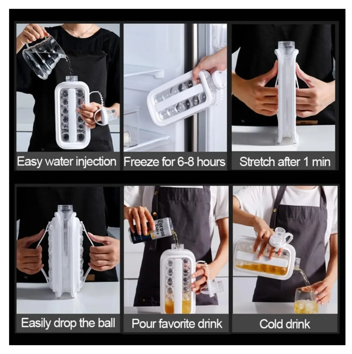 Botella hielera que hace hielos circulares perfectos, ideal para enfriar bebidas.