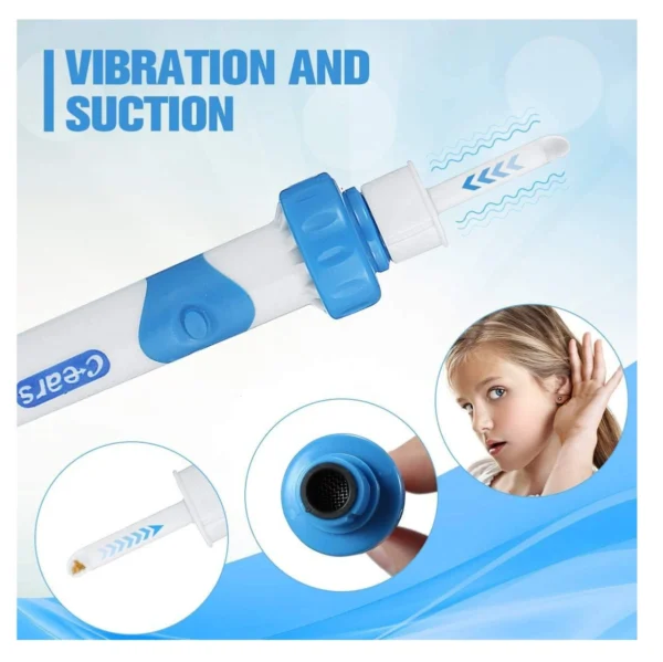 Limpiador de oídos con vibración y succión, extrae cera de forma segura para una limpieza profunda.