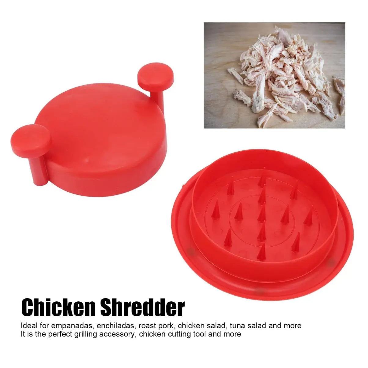 Desmechador de pollo y carne rojo con picos, ideal para desmenuzar carnes cocidas.