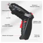 Destornillador eléctrico 47Pz con luz LED, interruptor frontal/trasero y puerto USB.
