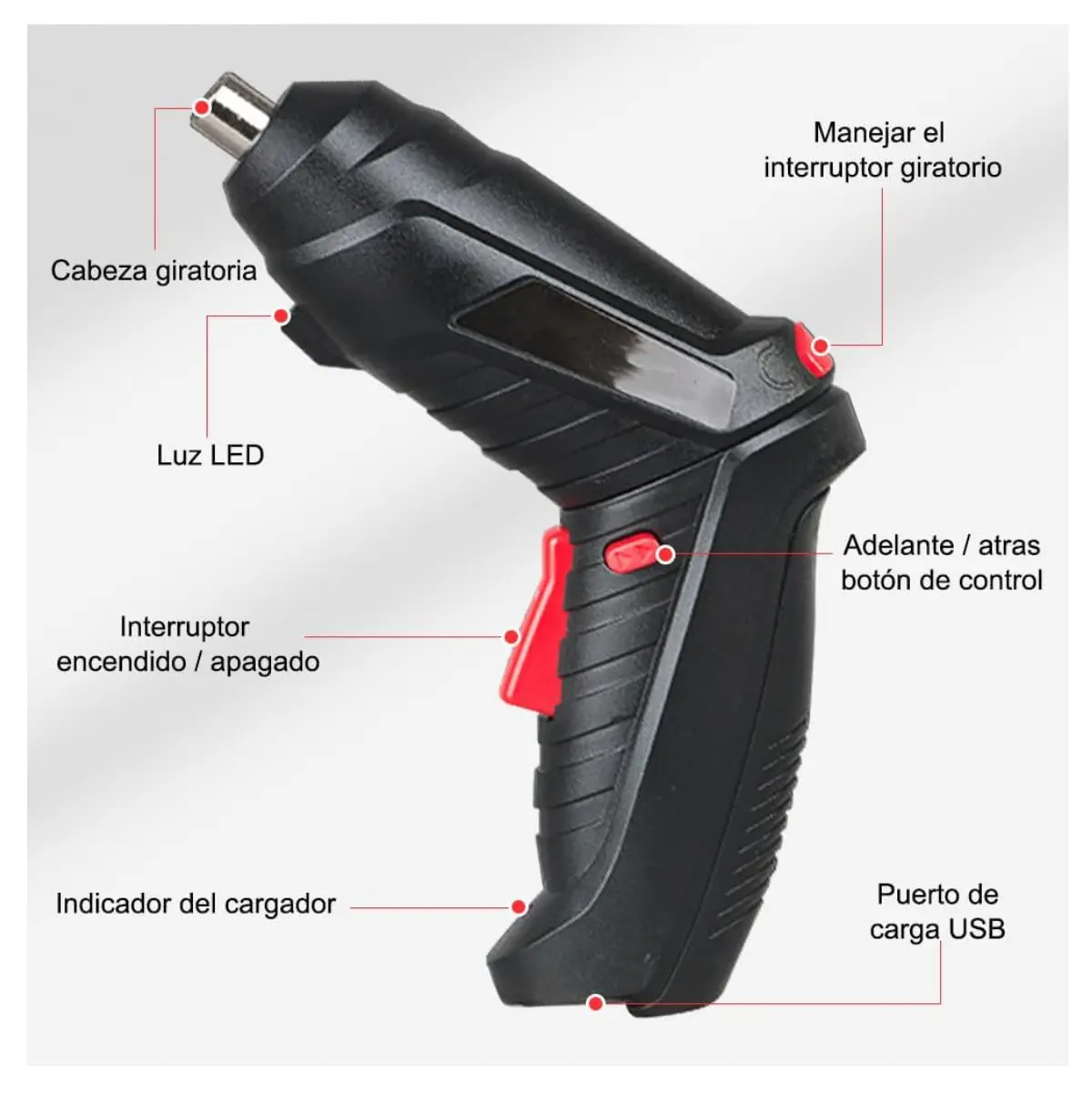 Destornillador eléctrico 47Pz con luz LED, interruptor frontal/trasero y puerto USB.