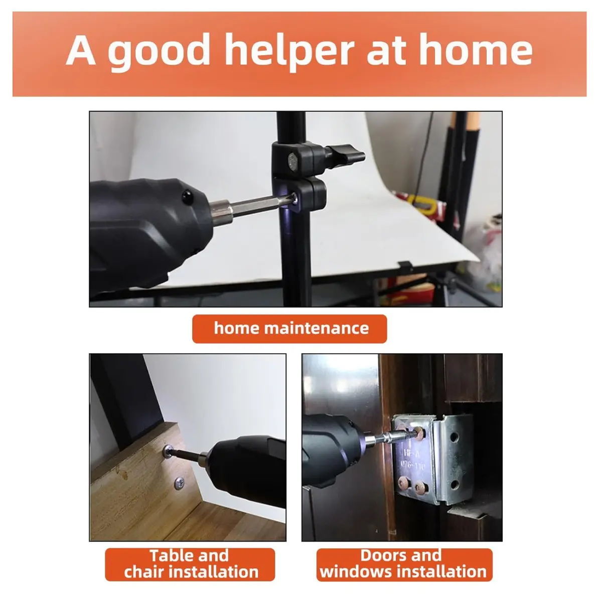 Destornillador atornillador 47pz en uso: instalación de hogar, mesa, silla, puertas y ventanas.